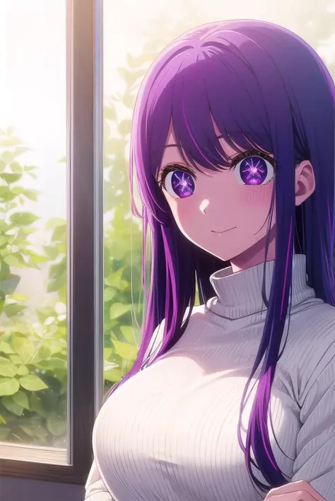 aihoshino, <lora:ai hoshino s1-lora-nochekaiser:1>,
ai hoshino, long hair, bangs, (purple eyes:1.1), purple hair, (symbol-shaped pupils:1.5), smile,
BREAK long sleeves, sweater, ribbed sweater, camisole, white camisole,
BREAK indoors,
BREAK looking at viewer, (cowboy shot:1.5),
BREAK <lyco:GoodHands-beta2:1>, (masterpiece:1.2), best quality, high resolution, unity 8k wallpaper, (illustration:0.8), (beautiful detailed eyes:1.6), extremely detailed face, perfect lighting, extremely detailed CG, (perfect hands, perfect anatomy),