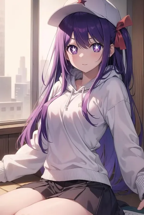 aihoshino, <lora:aihoshino-lora-nochekaiser:1>,
ai hoshino, hair between eyes, hair ornament, hair ribbon, long hair, one side up, (purple eyes:1.1), purple hair, rabbit hair ornament, (star-shaped pupils:1.5), symbol-shaped pupils,
BREAK baseball cap, hat, hood, hoodie, long sleeves, puffy sleeves, white hoodie,
BREAK looking at viewer,
BREAK indoors,
BREAK <lyco:GoodHands-beta2:1>, (masterpiece:1.2), best quality, high resolution, unity 8k wallpaper, (illustration:0.8), (beautiful detailed eyes:1.6), extremely detailed face, perfect lighting, extremely detailed CG, (perfect hands, perfect anatomy),