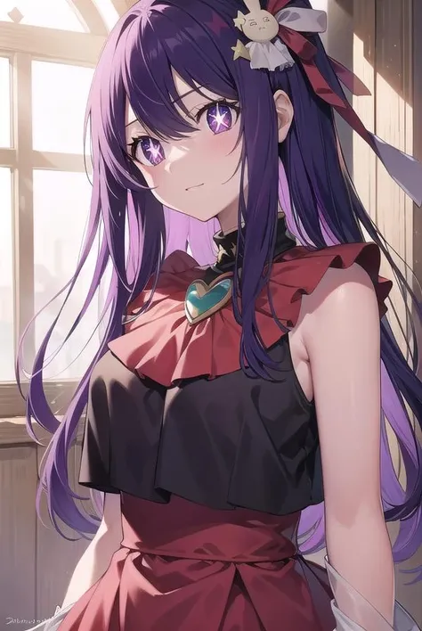 aihoshino, <lora:aihoshino-lora-nochekaiser:1>,
ai hoshino, hair between eyes, hair ornament, hair ribbon, long hair, one side up, (purple eyes:1.1), purple hair, rabbit hair ornament, (star-shaped pupils:1.5), symbol-shaped pupils,
BREAK belt, black belt, brooch, dress, pink dress, frilled dress, frilled gloves, frills, gloves, heart brooch, idol, idol clothes, jewelry, pink gloves, red ribbon, ribbon, turtleneck dress,
BREAK looking at viewer,
BREAK indoors,
BREAK <lyco:GoodHands-beta2:1>, (masterpiece:1.2), best quality, high resolution, unity 8k wallpaper, (illustration:0.8), (beautiful detailed eyes:1.6), extremely detailed face, perfect lighting, extremely detailed CG, (perfect hands, perfect anatomy),