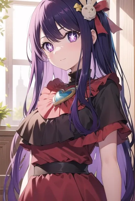 aihoshino, <lora:aihoshino-lora-nochekaiser:1>,
ai hoshino, hair between eyes, hair ornament, hair ribbon, long hair, one side up, (purple eyes:1.1), purple hair, rabbit hair ornament, (star-shaped pupils:1.5), symbol-shaped pupils,
BREAK belt, black belt, brooch, dress, pink dress, frilled dress, frilled gloves, frills, gloves, heart brooch, idol, idol clothes, jewelry, pink gloves, red ribbon, ribbon, turtleneck dress,
BREAK looking at viewer,
BREAK indoors,
BREAK <lyco:GoodHands-beta2:1>, (masterpiece:1.2), best quality, high resolution, unity 8k wallpaper, (illustration:0.8), (beautiful detailed eyes:1.6), extremely detailed face, perfect lighting, extremely detailed CG, (perfect hands, perfect anatomy),
