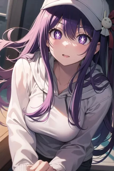 aihoshino, <lora:aihoshino-lora-nochekaiser:1>,
ai hoshino, hair between eyes, hair ornament, hair ribbon, long hair, one side up, (purple eyes:1.1), purple hair, rabbit hair ornament, (star-shaped pupils:1.5), symbol-shaped pupils,
BREAK baseball cap, hat, hood, hoodie, long sleeves, puffy sleeves, white hoodie,
BREAK looking at viewer,
BREAK indoors,
BREAK <lyco:GoodHands-beta2:1>, (masterpiece:1.2), best quality, high resolution, unity 8k wallpaper, (illustration:0.8), (beautiful detailed eyes:1.6), extremely detailed face, perfect lighting, extremely detailed CG, (perfect hands, perfect anatomy),