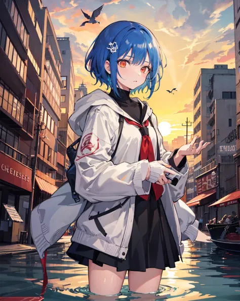 water, wading, building, 1girl, cloud, outdoors, bird, blue_hair, east_asian_architecture, hair_ornament, architecture, sky, sunset, cityscape, orange_sky, red_eyes, boat, solo, ocean, watercraft, standing_on_liquid, short_hair,cowboy shot, <lora:NetherRainLora:0.6>
