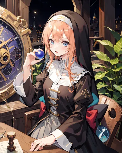 1girl,astronomical clock ,binoculars ,juliet sleeves,nun,crystal ball, pleated dress,plant, ,<lora:NetherRainLora:0.8>