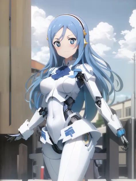 ((masterpiece)), best quality, expressive eyes, perfect face, absurdes, ultra-detailed, 1girl, <lora:TachibanaSylphynford:1>, sylphynford, jewelry, bracelet, solo, long_hair, cowboy shot, standing, smile, (mecha musume:1.3), (mechanical arms:1.2), (headgear:1.1), (bodysuit:1.1), outdoors, cloud, <lora:aMechaMusumeA:1>