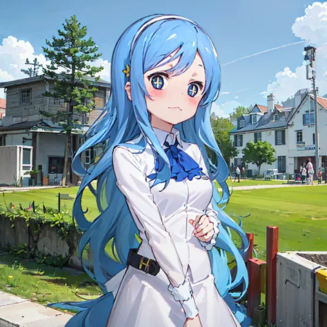 sylphynford, 1girl, jewelry, bracelet, day, solo, cloud, horizon, long_hair, outdoors, looking_at_viewer, the best quality, masterpiece, castle wall, <lora:Sylphynford_v1:1>