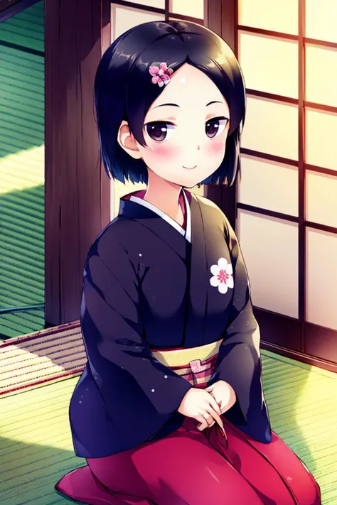 <lora:sayori:0.8> 1girl, smile, (kimono:1.2), cute, blush,
<lora:Zenko_OPM:0.9> zenko, 1girl, black hair, hair ornament, hairclip, black eyes, short hair
yokozuwari, sitting, looking at viewer,
tea room, tatami mats, tea ceremony,
