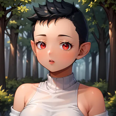 ((masterpiece, best quality)),(complex lighting),solo,1girl, medium view, black hair, red eyes, tomboy, very short hair, forehead ,<lora:TomboyBuzzcut1-2-0805:0.6>, pointy ears, lipstick, forest, black turtleneck sweater,