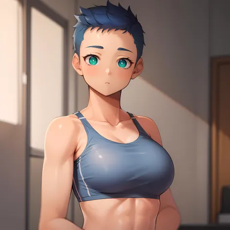 ((masterpiece, best quality)),(complex lighting),solo,1girl, upper body, blue hair, tomboy, very short hair, forehead, <lora:TomboyBuzzcut1:0.8>, sports bra, muscular, green eyes,