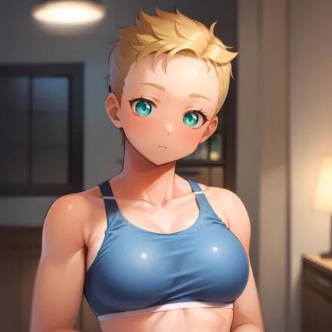 ((masterpiece, best quality)),(complex lighting),solo,1girl, upper body, blonde hair, tomboy, very short hair, forehead, <lora:TomboyBuzzcut1:0.8>, sports bra, muscular, green eyes,