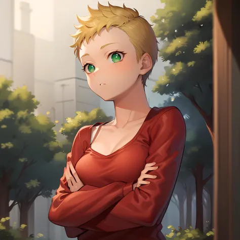((masterpiece, best quality)),(complex lighting),solo,1girl, upper body, blonde hair, tomboy, very short hair, <lora:TomboyBuzzcut1:0.8>, red dress, crossed arms, forest, green eyes,