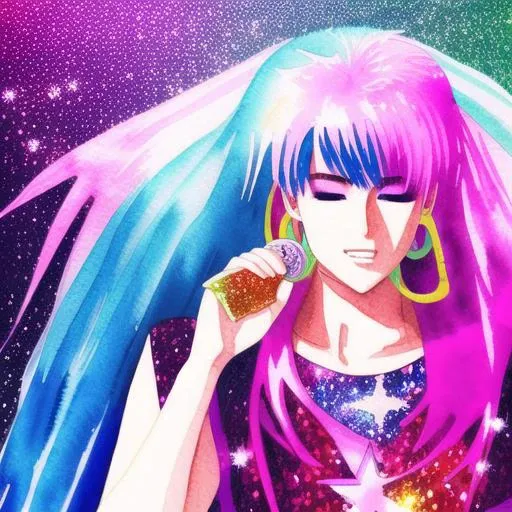 watercolor style, manga illustration style, Jem and the Holograms, portrait, Rock star, 1girl, solo, sparkling glitter background, art by artgerm, wlop, ring light, duskgem