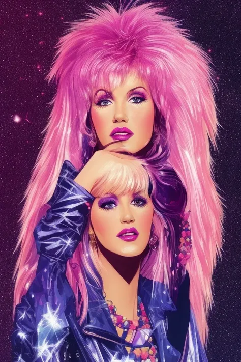 illustration style, Jem and the Holograms, portrait, 1980s, Rock star, 1girl, solo, sparkling glitter background, art by artgerm, wlop, ring light, duskgem