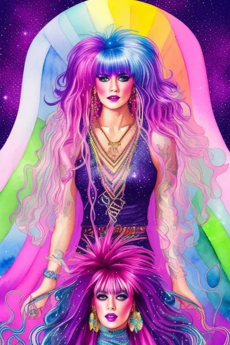 tarot card style, watercolor style, illustration style, Jem and the Holograms, portrait, 1980s, rainbow hair, Rock star, 1girl, solo, sparkling glitter background, art by artgerm, wlop, ring light, duskgem