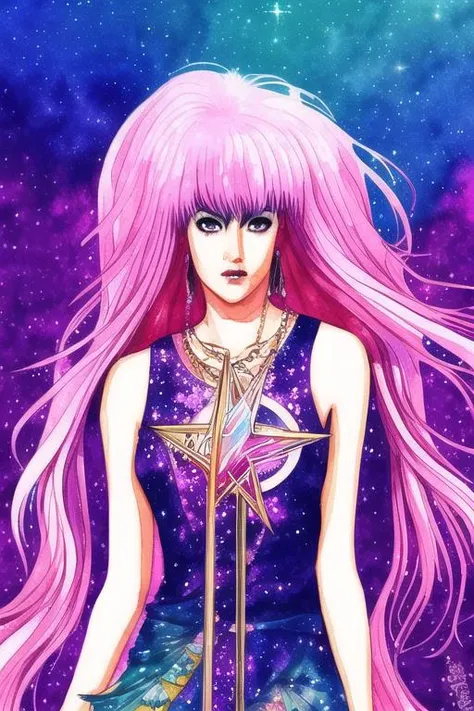 tarot card style, watercolor style, manga illustration style, Jem and the Holograms, portrait, Rock star, 1girl, solo, sparkling glitter background, art by artgerm, wlop, ring light, duskgem