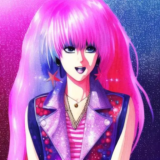 watercolor style, manga illustration style, Jem and the Holograms, portrait, Rock star, 1girl, solo, sparkling glitter background, art by artgerm, wlop, ring light, duskgem