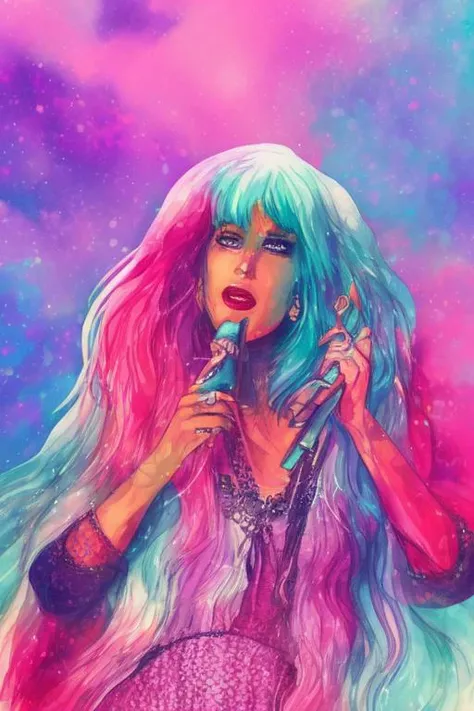 tarot card style, watercolor style, illustration style, Jem and the Holograms, portrait, Rock star, 1girl, solo, sparkling glitter background, art by artgerm, wlop, ring light, duskgem