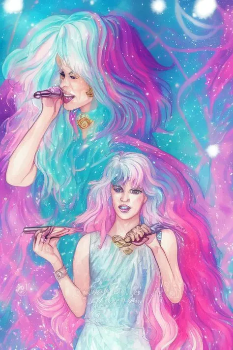 tarot card style, watercolor style, illustration style, Jem and the Holograms, portrait, Rock star, 1girl, solo, sparkling glitter background, art by artgerm, wlop, ring light, duskgem