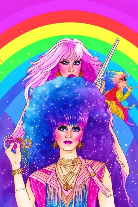 tarot card style, watercolor style, illustration style, Jem and the Holograms, portrait, 1980s, rainbow hair, Rock star, 1girl, solo, sparkling glitter background, art by artgerm, wlop, ring light, duskgem