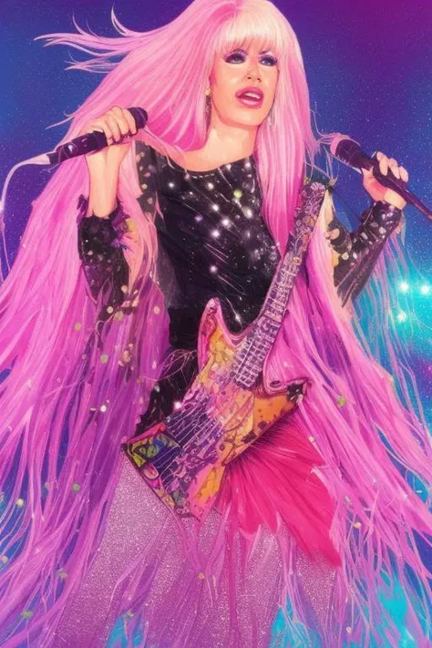illustration style, Jem and the Holograms, portrait, 1980s, Rock star, 1girl, solo, sparkling glitter background, art by artgerm, wlop, ring light, duskgem