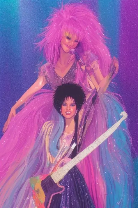 illustration style, Jem and the Holograms, portrait, 1980s, Rock star, 1girl, solo, sparkling glitter background, art by artgerm, wlop, ring light, duskgem