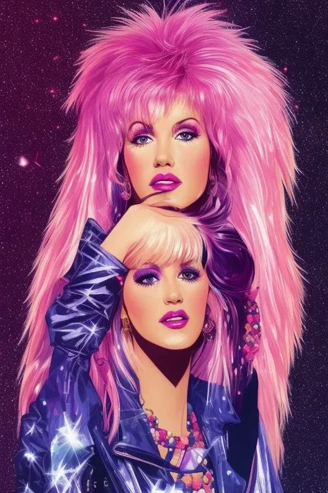 illustration style, Jem and the Holograms, portrait, 1980s, Rock star, 1girl, solo, sparkling glitter background, art by artgerm, wlop, ring light, duskgem