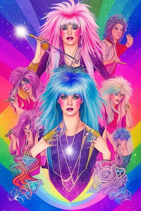 tarot card style, watercolor style, illustration style, Jem and the Holograms, portrait, 1980s, rainbow hair, Rock star, 1girl, solo, sparkling glitter background, art by artgerm, wlop, ring light, duskgem