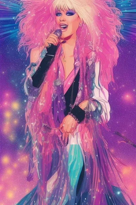illustration style, Jem and the Holograms, portrait, 1980s, Rock star, 1girl, solo, looking_at_viewer, microphone, sparkling glitter background, art by artgerm, wlop, ring light, duskgem