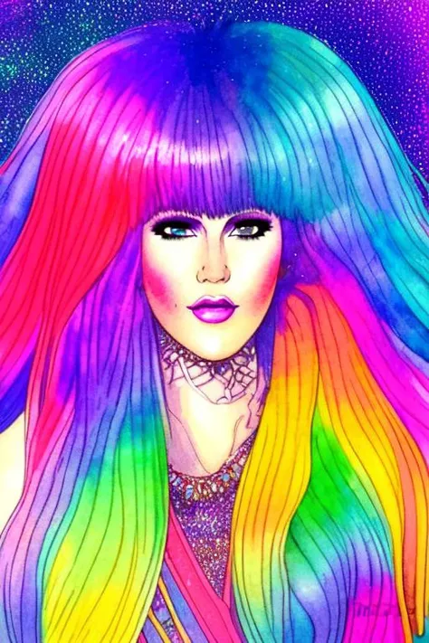 tarot card style, watercolor style, illustration style, Jem and the Holograms, portrait, 1980s, rainbow hair, Rock star, 1girl, solo, sparkling glitter background, art by artgerm, wlop, ring light, duskgem