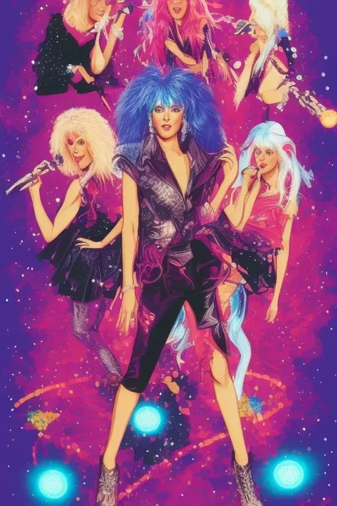 illustration style, Jem and the Holograms, portrait, 1980s, Rock star, 1girl, solo, looking_at_viewer, microphone, sparkling glitter background, art by artgerm, wlop, ring light, duskgem