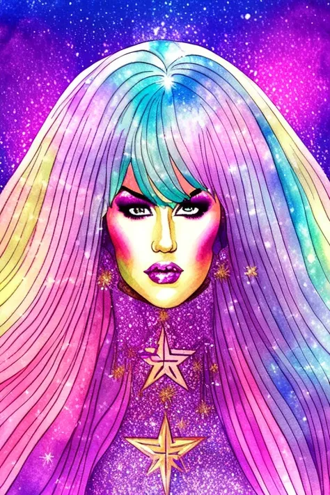 tarot card style, watercolor style, illustration style, Jem and the Holograms, portrait, Rock star, 1girl, solo, sparkling glitter background, art by artgerm, wlop, ring light, duskgem