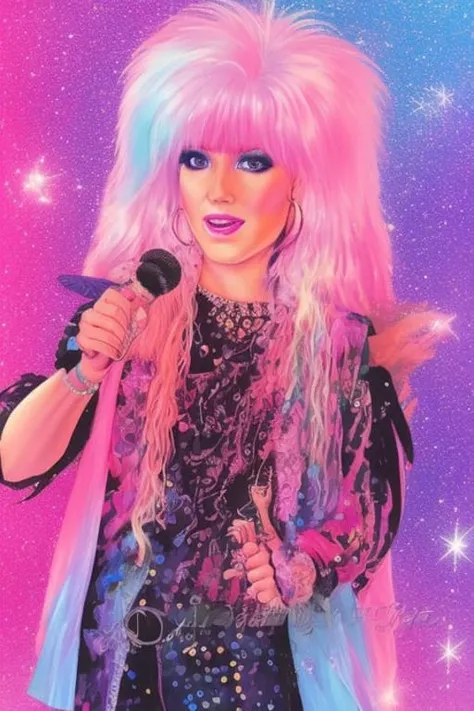 illustration style, Jem and the Holograms, portrait, 1980s, Rock star, 1girl, solo, looking_at_viewer, microphone, sparkling glitter background, art by artgerm, wlop, ring light, duskgem