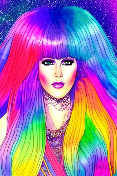 tarot card style, watercolor style, illustration style, Jem and the Holograms, portrait, 1980s, rainbow hair, Rock star, 1girl, solo, sparkling glitter background, art by artgerm, wlop, ring light, duskgem
