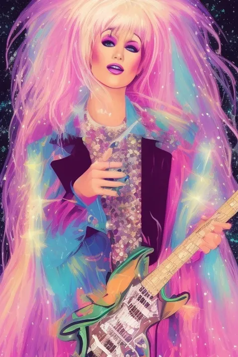 illustration style, Jem and the Holograms, portrait, 1980s, Rock star, 1girl, solo, sparkling glitter background, art by artgerm, wlop, ring light, duskgem
