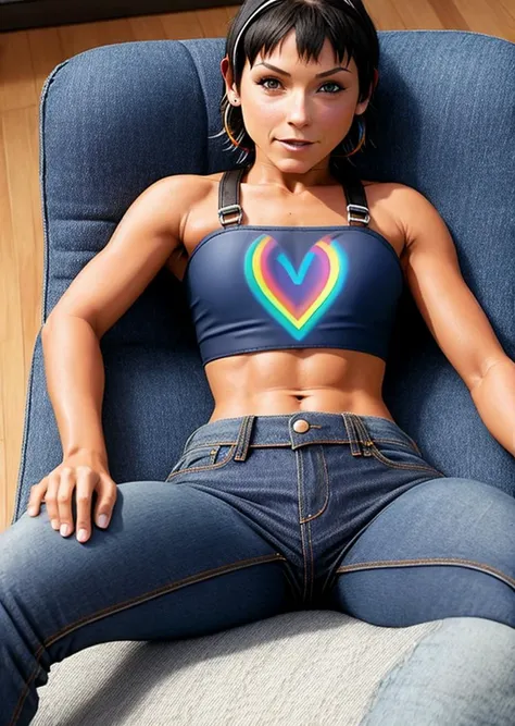 a portrait of a ite (PxiBel:1.1), undercut hair, , (rainbow heart logo:1.3)(Blue crop top:1.2), (PxiBelBdy:0.5), ((jeans)), straddling chair, photographic