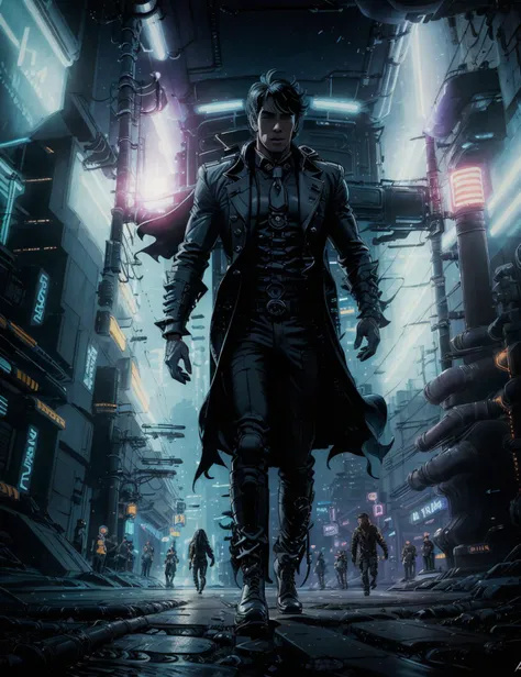 realistic depiction, ((ultra high res)), masterpiece, (best quality) (radiosity), ((8k raw photo)), ((professional artwork)), clean, photo-mapping,  (tilt shift), (((depth of field))), (full body), character focus, (facing viewer, walking towards viewer:1.1), (inkpunk:.7), synthwave style, cyberpunk, futuristic, sci-fi, (bladerunner), [NeonDiffusion], night, (((1man))), ((solo)), dynamic pose, ((wide shoulders, broad shoulders)), (((muscular))), ((masculine body)), ((bulky)), ((black duster coat)), ((long duster coat)), (clean formal clothes, tie, button up shirt), ((combat boots over pants)), ((medium length curly hair)), (black hair, curly hair, coiled hair), stubble, rugged, walking down sidewalk,  <lora:valerianLaureline - comic art style:.7>