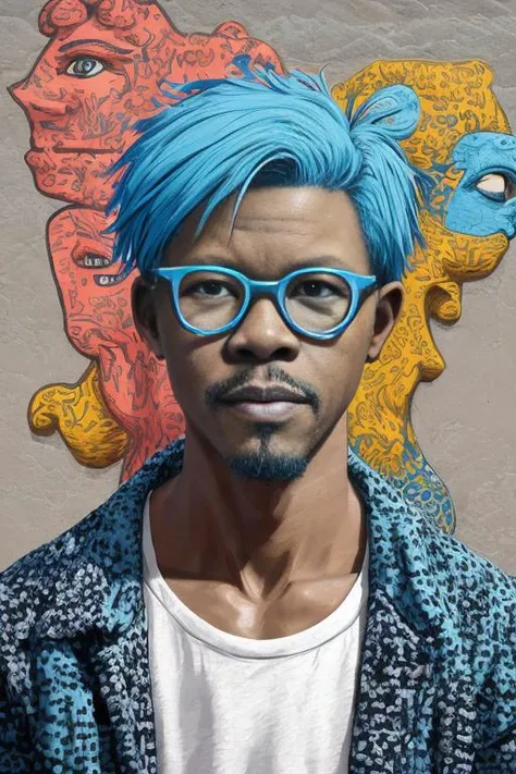 Mixed-Medium Arts , Color Pencils upper body portrait of  jumbled available  Djimon Hounsou ,  lanky   with Honolulu blue hair  in A mountainous location full of icy boulders and snow The Mountain of Fire , argyle Polka dot patchwork clothing by Duy Huynh , Andrei Markin , Beeple , Keith Haring optical illusion street art