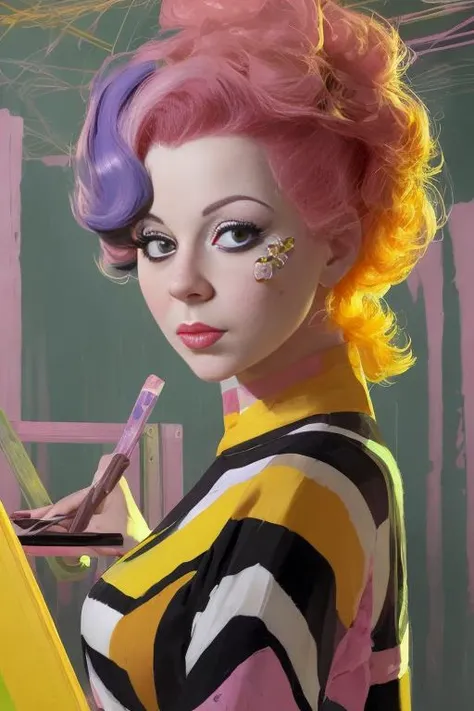 Oil Paints , Chalks upper body portrait of taboo tasteful Susan Hayward , bulky with China pink hair in A maintenance environment with black and yellow stripes signaling construction Oz: A land of enchantment, where anything is possible , striped Honeycomb patchwork clothing by Robby Cavanaugh , Syd Mead , Milo Manara , Daria Endresen naturalism modernism