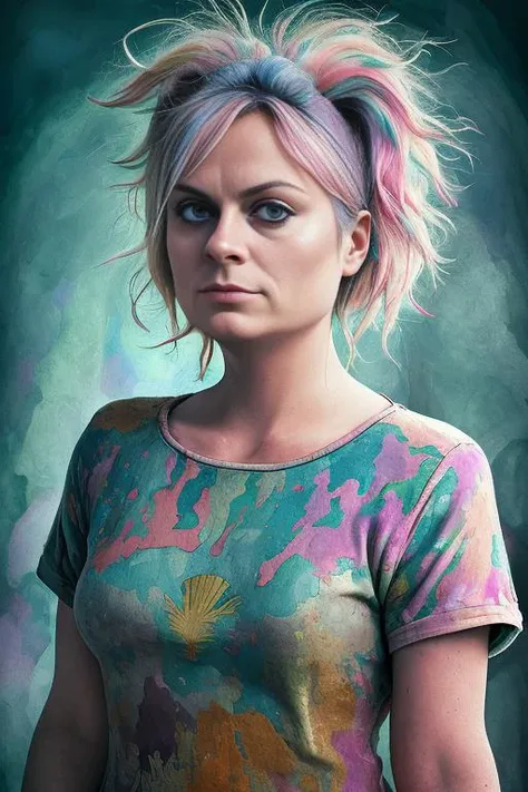 Generative Art , Watercolors upper body portrait of  zealous holistic  Amy Poehler ,  chubby   with Pine tree hair  in A vast archaeological site located in the south region of Italy that was buried by meters of ash and pumice after a catastrophic eruption The Kingdom of the Unicorn , camouflage Sayagata patchwork clothing by Michal Karcz , Constantin Brancusi , Rudolf Freund , Elisa Breton long exposure anaglyph effect