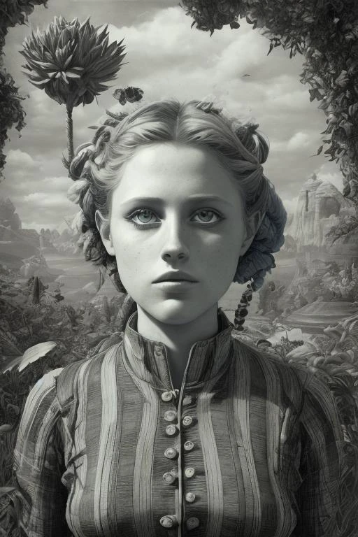 Botanical Drawing , 3D Ray Tracing upper body portrait of empty colorful Teresa Palmer , burly with Straw hair in A place off planet earth in a galaxy far far away The Tower of Destiny , multicolored stripes Plaid patchwork clothing by Carel Willink , Ambrosius Benson , John Cassaday , Heinz Edelmann cyanotype symbolism