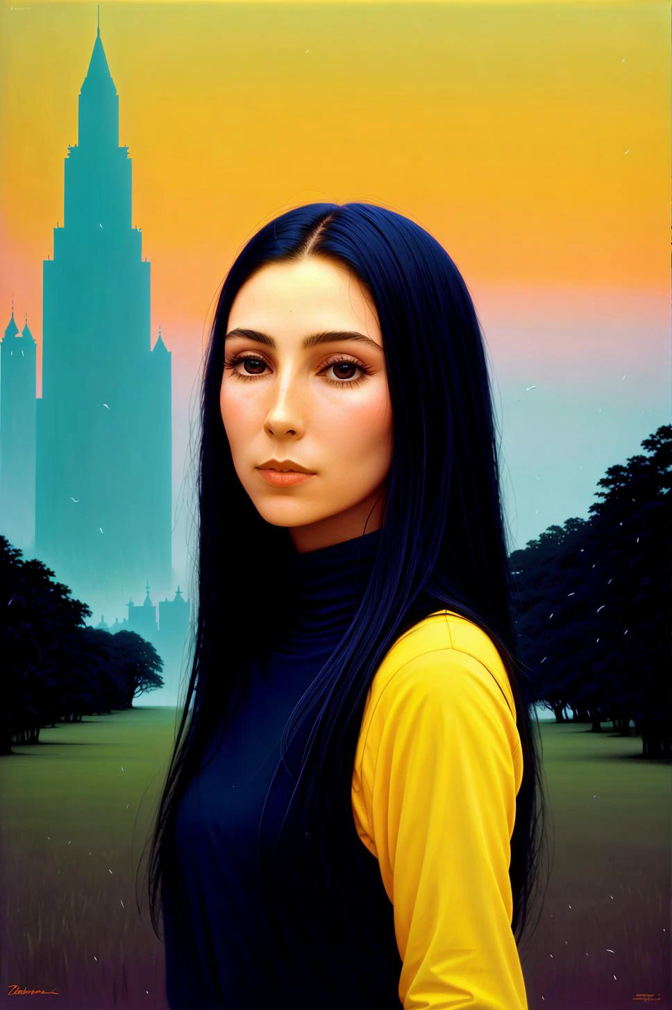 RAW photo, Cher, wide shot photo of 21 y.o woman walking alone at night, long haircut, pale skin, slim body, ((full body)), background is dark castle, (high detailed skin:1.2), 8k uhd, dslr, soft lighting, high quality, film grain, Fujifilm XT3, hyper-realistic, dystopia, colorgraded, (by Agnes Cecile:0.2) , (by Zdzislaw Beksinski:0.2),(by Peter Max:0.2 ), <hypernet:sxzBloom_sxzBloom:0.2>, <lora:cher70s_v10:0.6>, <lora:lomodiffusionLora300_lomodiffusionLora300:0.35>, <lora:analogdiffusion_Lora300:0.8>, <lora:LuisapNijijourneyLORAV2_v2:0.3>, <lora:loraBasedOnPaintingsBy_zdzislawBeksinski:0.1>, <lora:dalcefopainting_Lora300:0.1>, <lora:johnKafkaArtstyle_softVersion:1>