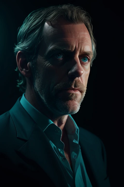 portrait of a award winning photo of hugh laurie posing in a dark studio, (rim lighting,:1.4) two tone lighting, sharp focus, teal hue, octane, unreal, dimly lit, low key,  <lora:epi_noiseoffset2:1>