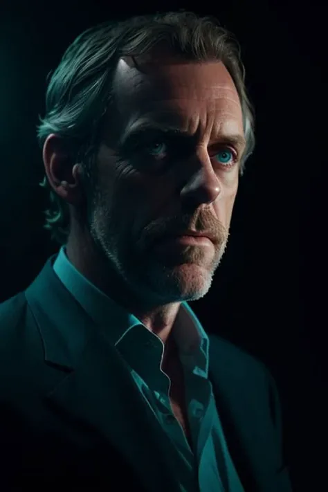 portrait of a award winning photo of hugh laurie posing in a dark studio, (rim lighting,:1.4) two tone lighting, sharp focus, teal hue, octane, unreal, dimly lit, low key, <lora:epi_noiseoffset2:1>