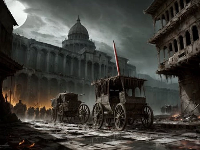 hyperdetailed 3d matte painting, cinemascope panoramic, awe inspiring, colossal, landscape, ((close quarters battle)), (( He drives his (chariot), there arose (((a night Dark with huge slaughter and with crime))), and groans As of a voice immense, and sound of alms As fell the wearer, and of ((sword on sword)) Crashed into fragments With a ready hand Caesar supplies the (weapon) and bids strike Full at the visage and with (lance) reversed Urges the flagging ranks and (stirs the fight), where flows (the nation's (blood)), where beats the (heart), Knowing he bids them spare the common herd, But seek the senators, thus Rome (he strikes), Thus the last hold of Freedom )), natural skin texture, muted colors, sharp focus, ((((cinematic look)))), insane details, intricate details, hyperdetailed, (clutter:1.3), (decay:1.3), (grit:1.3), (darkness), (grunge:1.3), (oozing pools of filth:1.3)