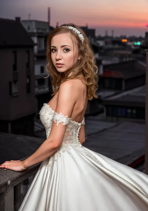 woman looking into the camera, dark, (at night), wide angle, empty city, blurry background, full body, serious, bride dress, <lora:aliceBetty_v10:1> <lora:flashlight_v10:0.6>