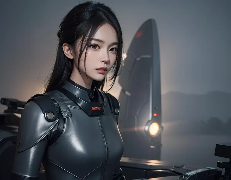 outdoor, ((upper body)), ((( wearing gray and black nano-suits)))+++, (wide hip:0.7, large breasts:0.8, perfect slender young girl body) ,Perfectly glossy skin ,25 yo mature girl, , picture of a vivid, (masterpiece:1.2),(extremely detailed),(8k:1.1),(perfect lighting,best quality,highres,original),(realistic photography:1.4) ,high detailed skin,shaded face, soft lighting, (small face),RAW, ultra highres, pores visible, , shiny_and_glossy_skin, asian beauty, (gorgeous beautiful 20 years old asian girl), ((best detailed slender body)), (asian idol, asian beauty, asian mixed), (complex, Machine background ,spaceship outdoors background, Mecha Transport parts:1.2), (dark and foggy environment:1.1), ((heavy fog environment:1.1)), (battlefield behind:1.2), <lora:JapaneseDollLikeness_v15:0.3>