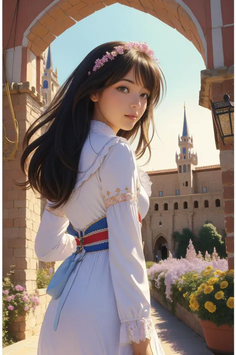 1girl, (cartoon art designed by Lynda Barry:1.0) and (Adrianus Eversen:0.7) and (Ernest Meissonier:1.2) , messy art, artistic Pichwai painting, highly detailed, ([Ukraine:Alcázar of Segovia:5]:1.3) in the distance there is a Stargate, it is very Cruel and [Glam|1970'S], summer flora with Herb garden, at Dawn, Screen print, Guilty, Cyber Noir, back-light, Selective focus, High Contrast, halation, beautiful, Best quality, photolab, vibrant colors, religious themes, female, arcadian