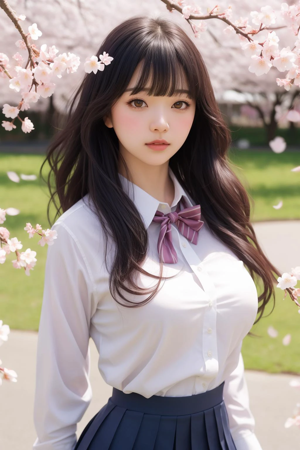 one pretty girl, solo, supermodel, pale skin, long wavy hair, blunt bangs, make up, parted lips, big tits, school uniform, white shirt, pleated skirt, looking at viewer, a blooming cherry blossom grove, with delicate pink petals floating in the breeze, soft lighting, film grain, upper body, realistic, <lora:more_details:0.6>