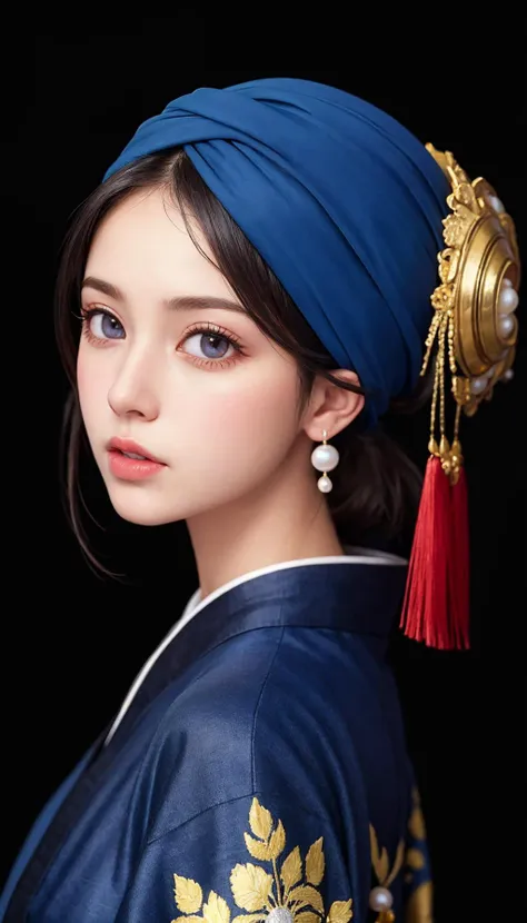 (best quality, masterpiece:1.3), absurd-res, hyper realistic illustration, 16K wallpaper, (realistic, photo-realistic), dark gray background, an incredible pretty girl, youthful, innocent, extremely detailed cute face, extremely detailed black eyes, extremely detailed spread lips, pony tail, blue turban, pearl earrings, blown kimono, looking at viewer, portrait, shot from behind