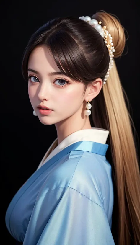 (best quality, masterpiece:1.3), absurd-res, hyper realistic illustration, 16K wallpaper, (realistic, photo-realistic), dark gray background, an incredible pretty girl, youthful, innocent, extremely detailed cute face, extremely detailed black eyes, extremely detailed spread lips, pony tail, blue turban, pearl earrings, blown kimono, looking at viewer, portrait, shot from behind