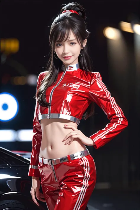 (masterpiece, photo realistic, HDR, ultra-detailed, perfect anatomy), Photographed in event stage of Circuit, (backlit photo:1.2), dutch angle, from below, face_focus, leaning forward, Poseing, evening, <lora:race queen cos> BREAK
beautiful woman, slender body, windy, floating hair, shiny straight long hair, half_updo hair, smiling, boots, pants, (put on cropped_jacket unzipped:1.1), (red type Retro colors:1.0) (wear set of race_queen costume with sponsor's_logo printed:1),